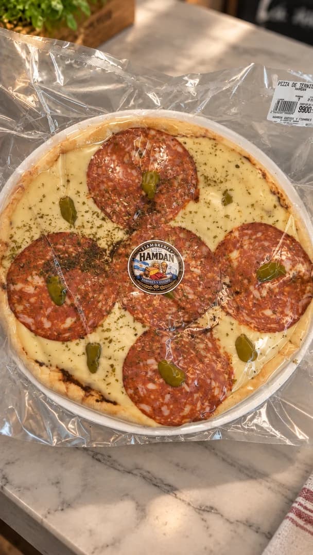 Pizza con rodajas de cantimpalo envasada