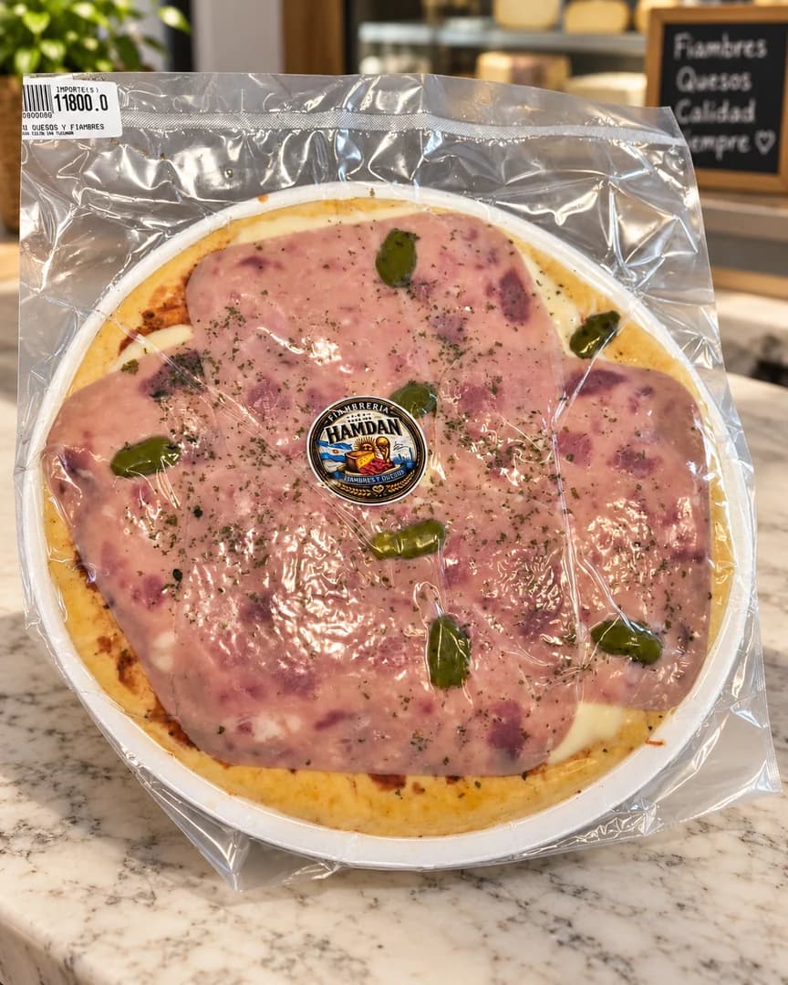 Pizza con jamón en su envase de Hamdan